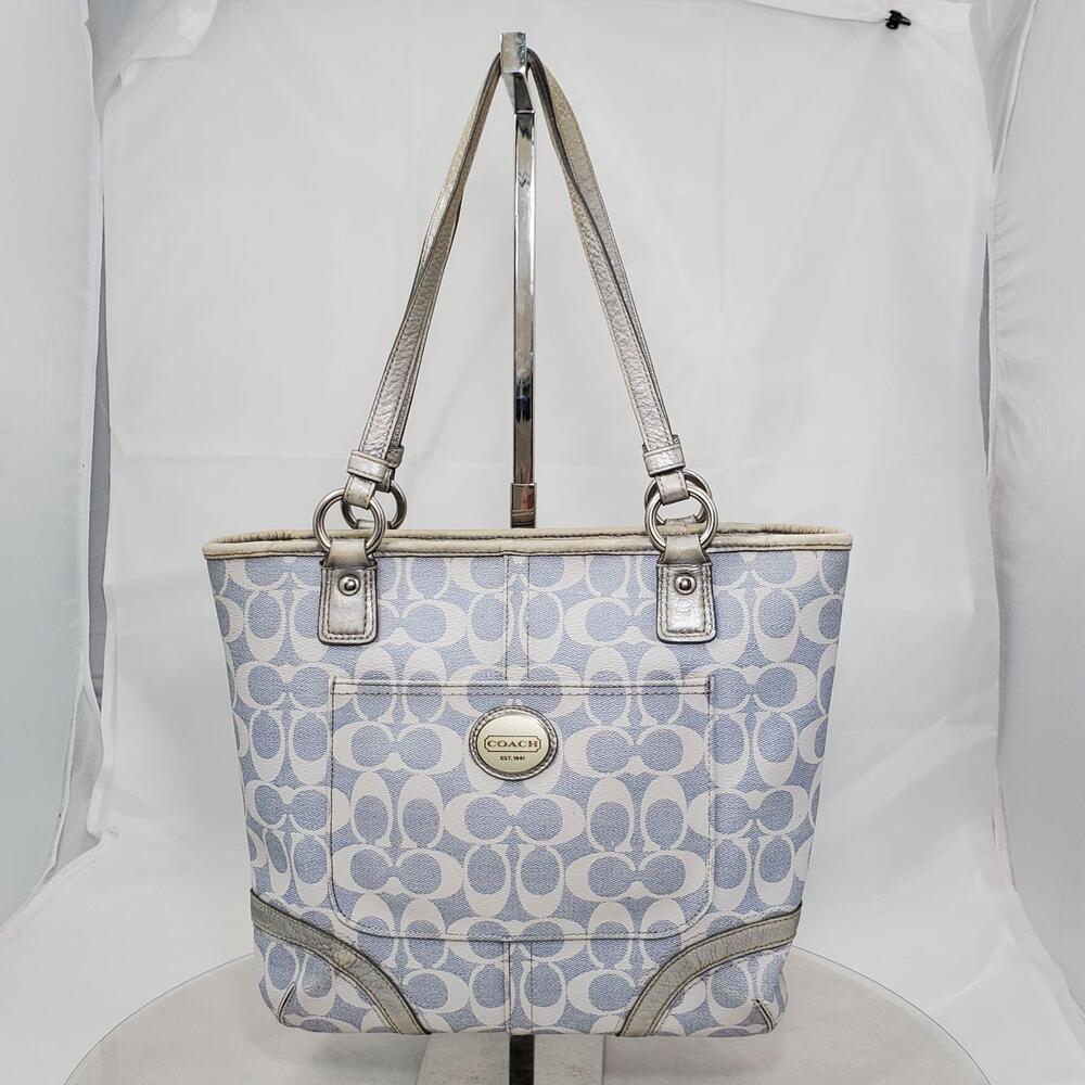Coach Heritage Signature Tote Bag Women Blue Silver F18922 Logo Coated Canvas